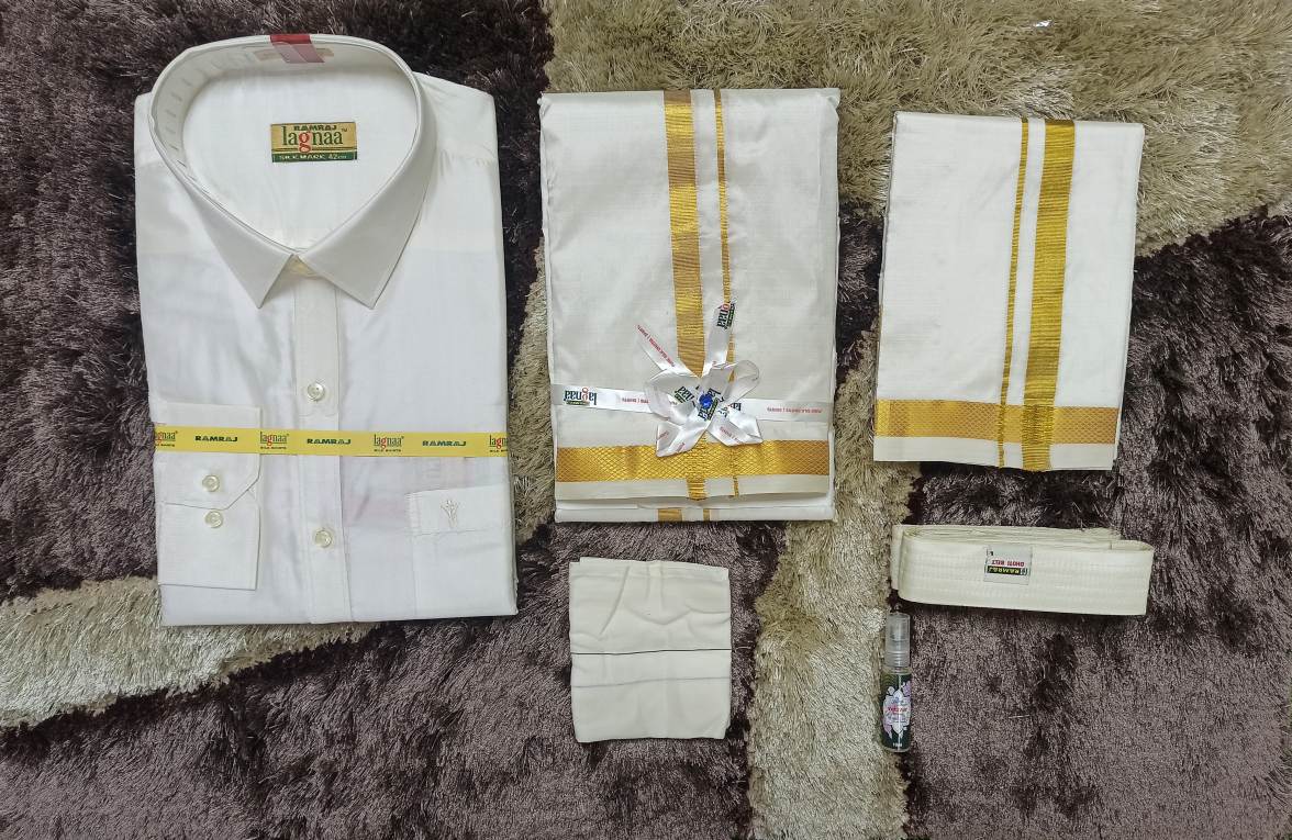 Cotton Silk Dothi Set - Shirt,Dothi,Kerchief & Belt- 3 In 1 Set
