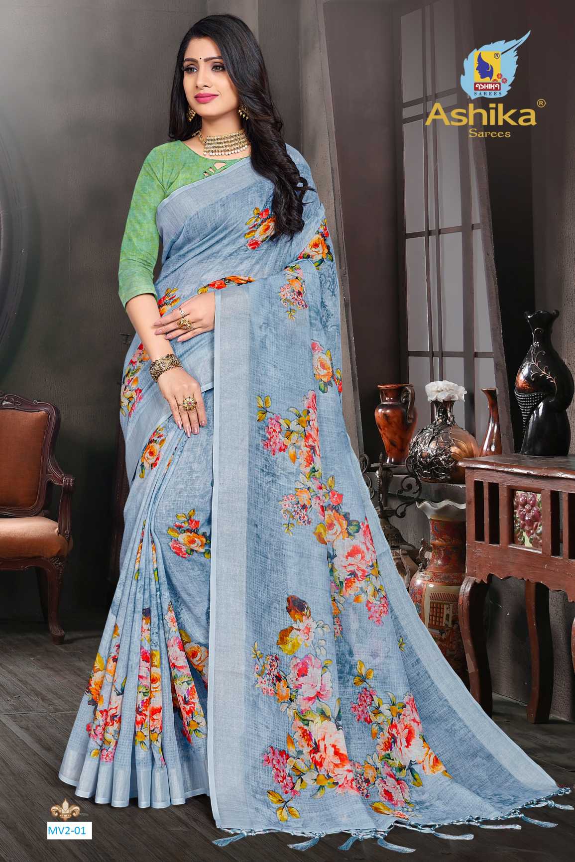 Beautiful Designer Original Linen Saree With Digital Print main image 0
