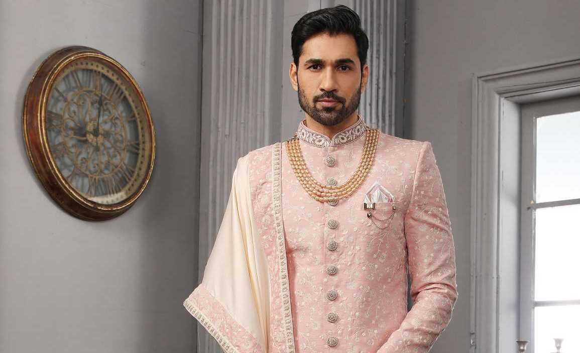Sherwani With Jewellery Indian Groom Dressed Sherwani Stunning Bride Stock Photo