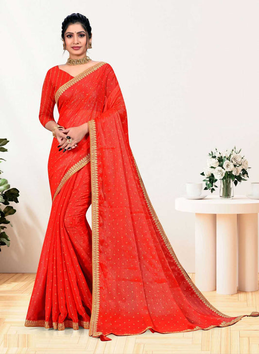 Chiffon Embroidery Work Saree with Foil Work