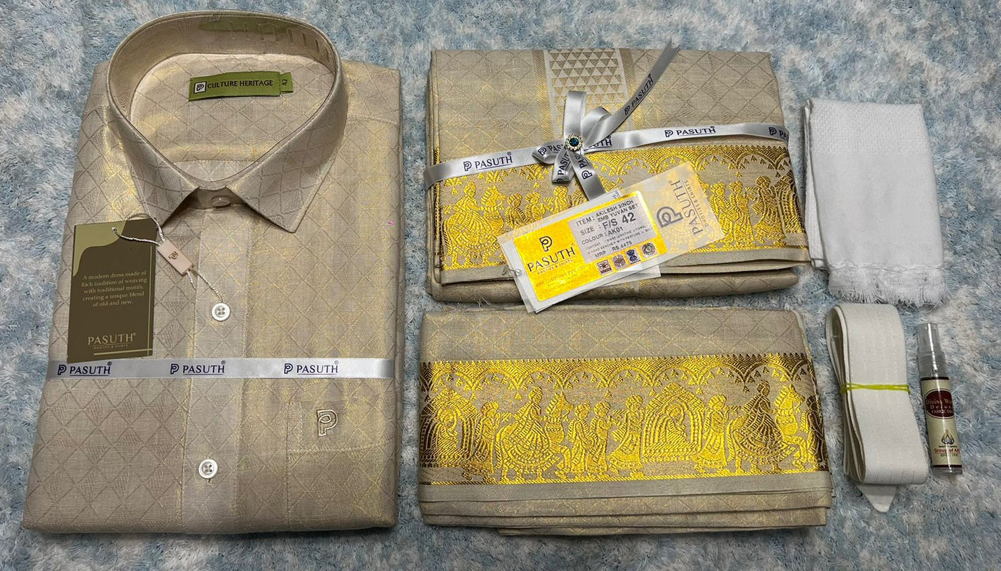 Tissue Embose Dothi Set - Shirt,Dothi,Kerchief & Belt- 3 In 1 Set