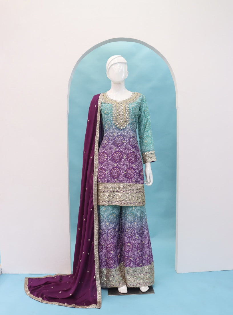 Latest Semi Stitched Sharara Suit Top Bottom And Duppatta