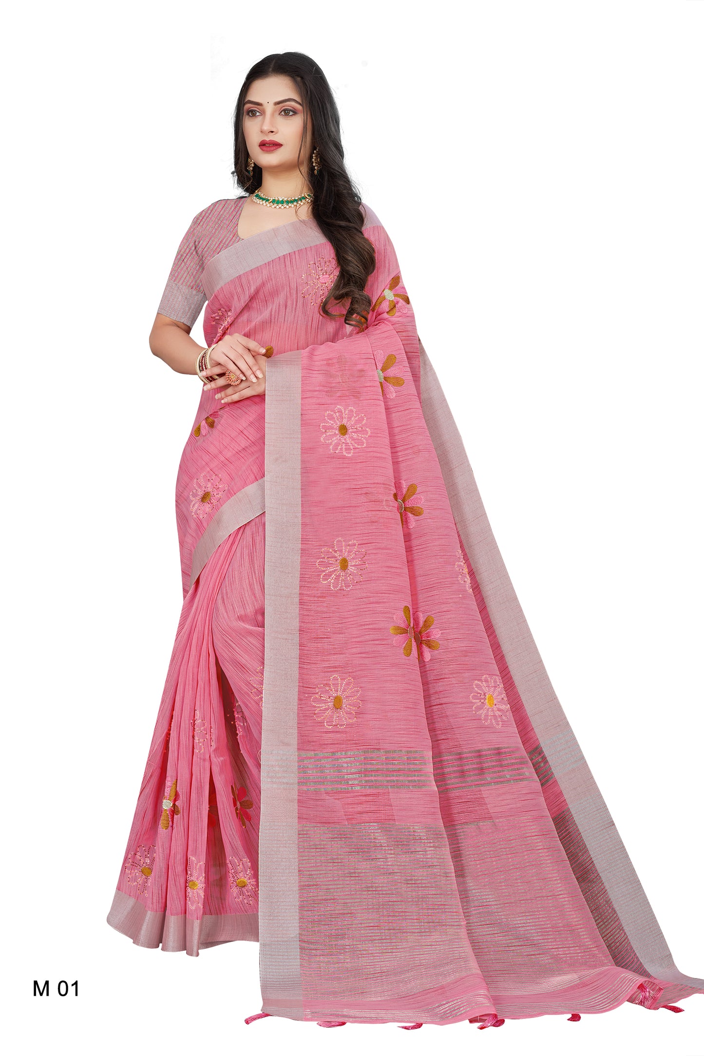 Linen Embroidery Work Saree With Copper Zari Border