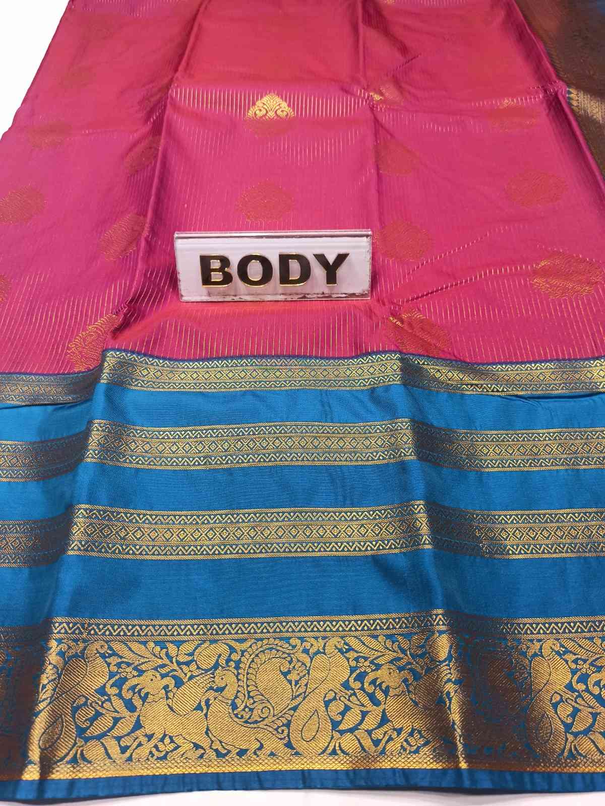 Pink and blue saree with gold patterns, labeled 'BODY'.