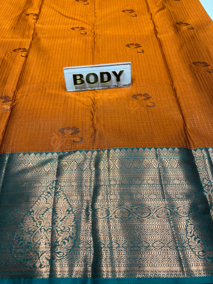 Two fabric samples, one orange and one blue with intricate patterns, labeled 'BODY'.