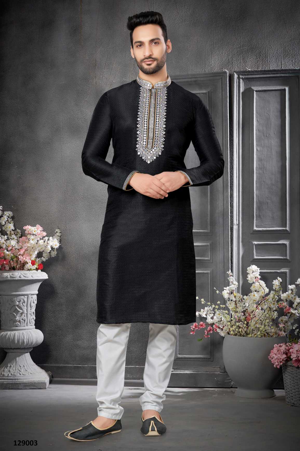 Traditional Wear Cotton Kurta Pajama With Emroidery Work