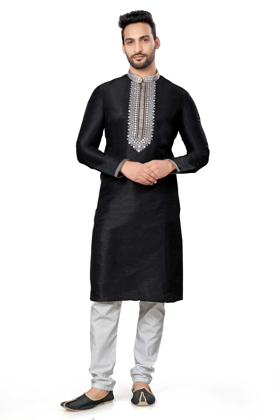 Traditional Wear Cotton Kurta Pajama With Emroidery Work