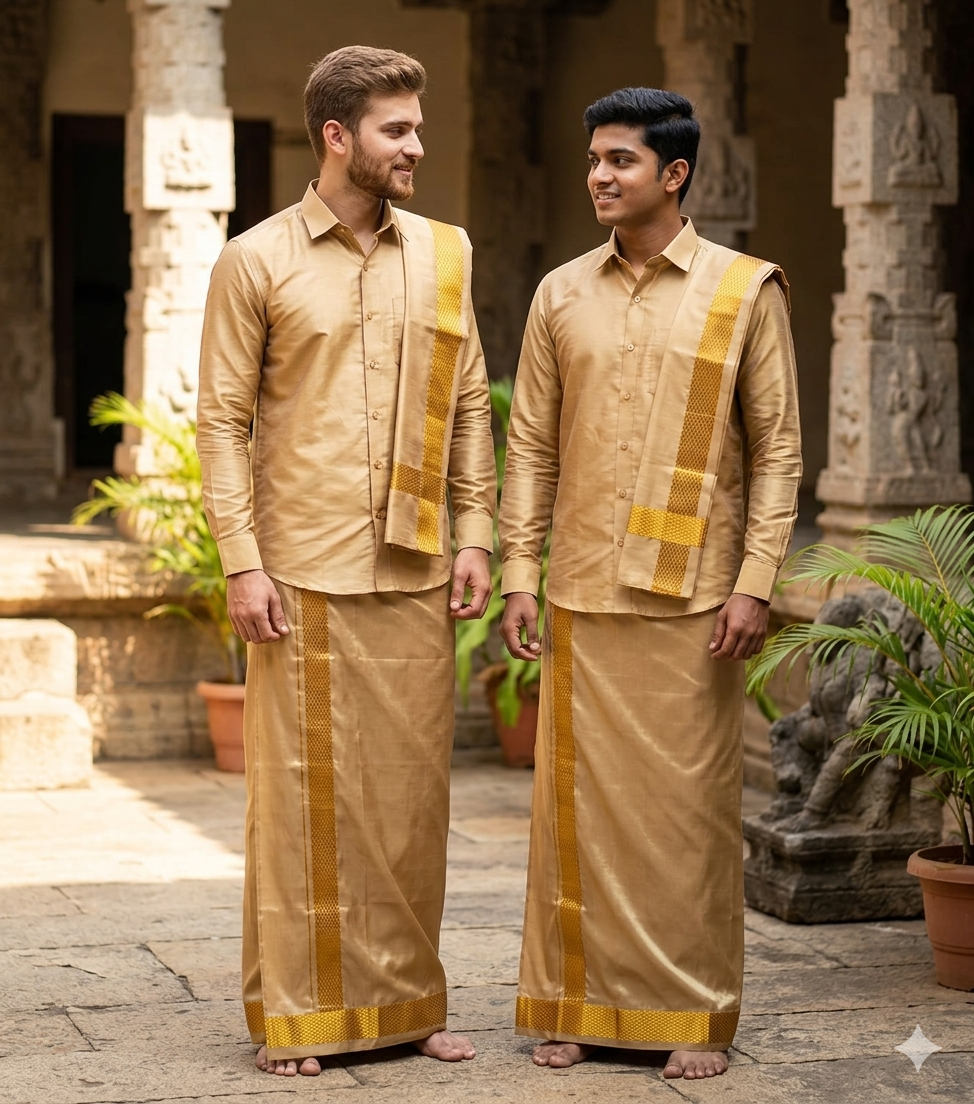 Semi Silk Dothi Set - Shirt,Dothi,Kerchief & Belt- 3 In 1 Set