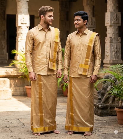 Semi Silk Dothi Set - Shirt,Dothi,Kerchief & Belt- 3 In 1 Set