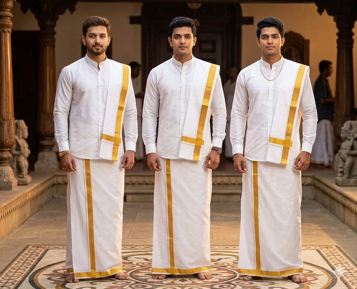 Pure Cotton Dothi Set - Shirt,Dothi,Kerchief & Belt- 3 In 1 Set