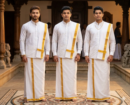 Pure Cotton Dothi Set - Shirt,Dothi,Kerchief & Belt- 3 In 1 Set