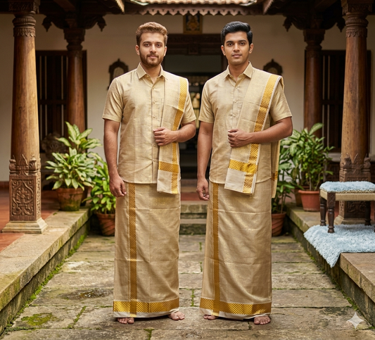 Tissue Silk Dothi Set - Shirt,Dothi,Kerchief & Belt- 3 In 1 Set
