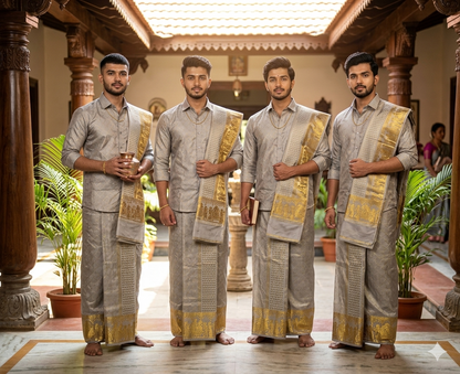 Tissue Embose Dothi Set - Shirt,Dothi,Kerchief & Belt- 3 In 1 Set