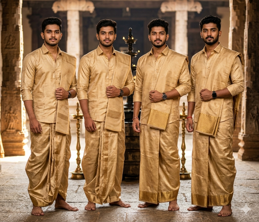 Semi Silk Dothi Embose Set - Shirt,Dothi,Kerchief & Belt- 3 In 1 Set
