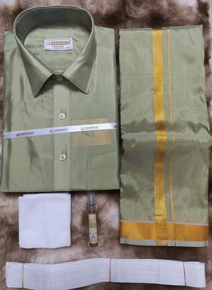 Dothi Design Art Silk Dothi Set Shirt,Dothi,Kerchief &Belt- 3 In 1 ( Small Border ...