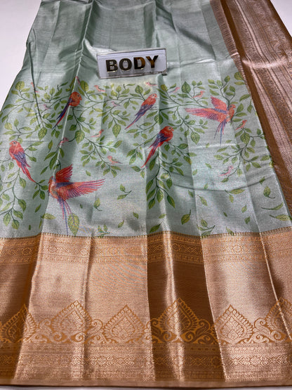 Saree with floral design and gold border, labeled 'BODY'.