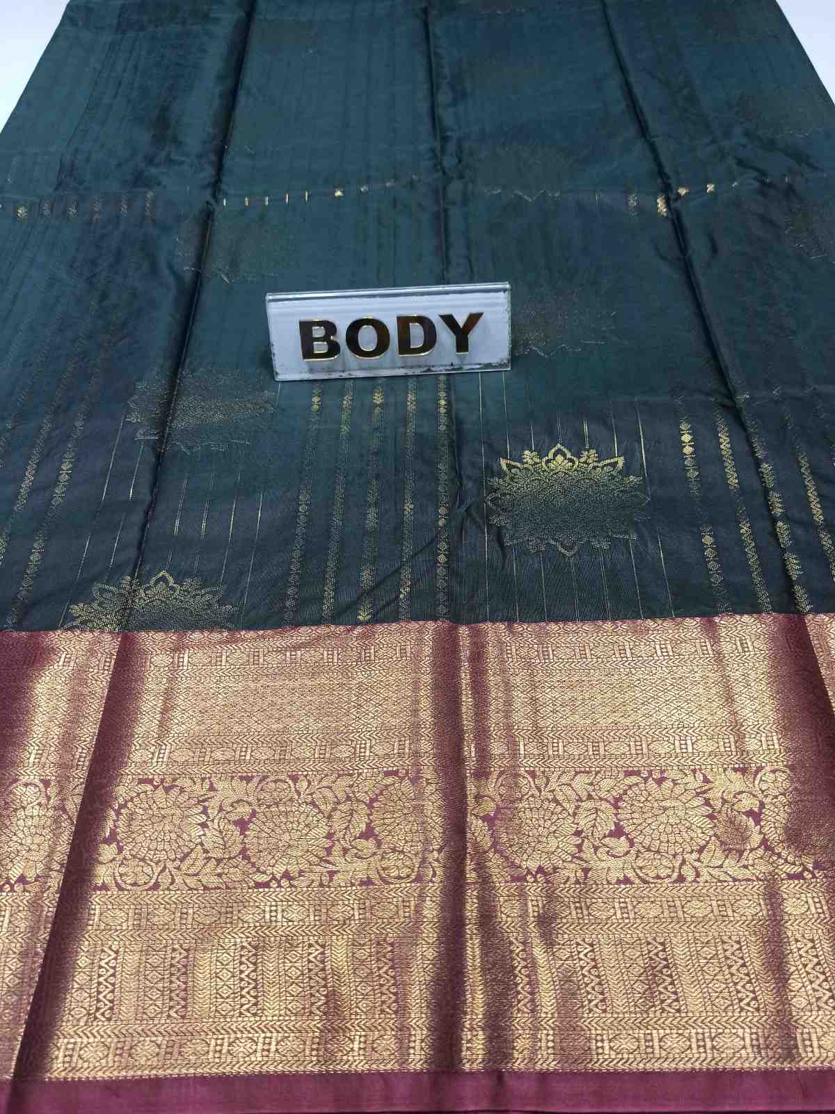 Dark green fabric with gold patterns and a label labeled 'BODY' on a white background