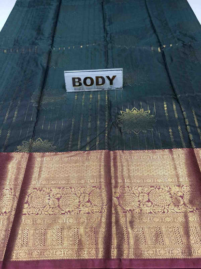 Dark green fabric with gold patterns and a label labeled 'BODY' on a white background