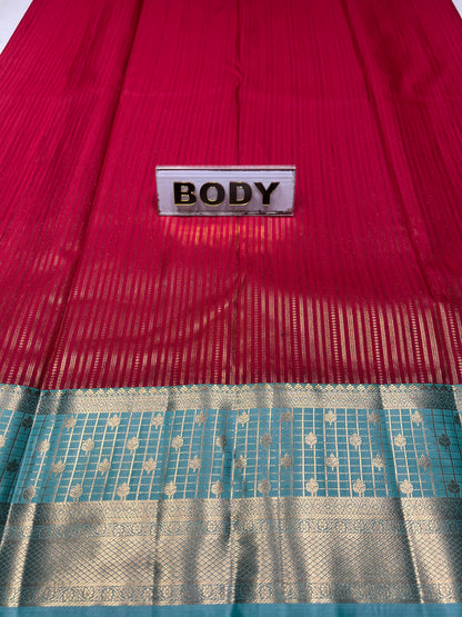 Red fabric with a 'BODY' label on the left and a patterned blue and silver fabric on the right.