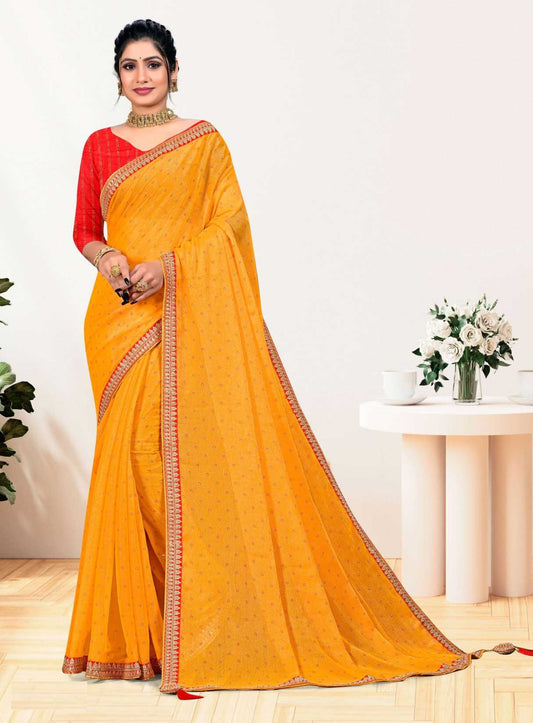 Chiffon Embroidery Work Saree with Foil Work