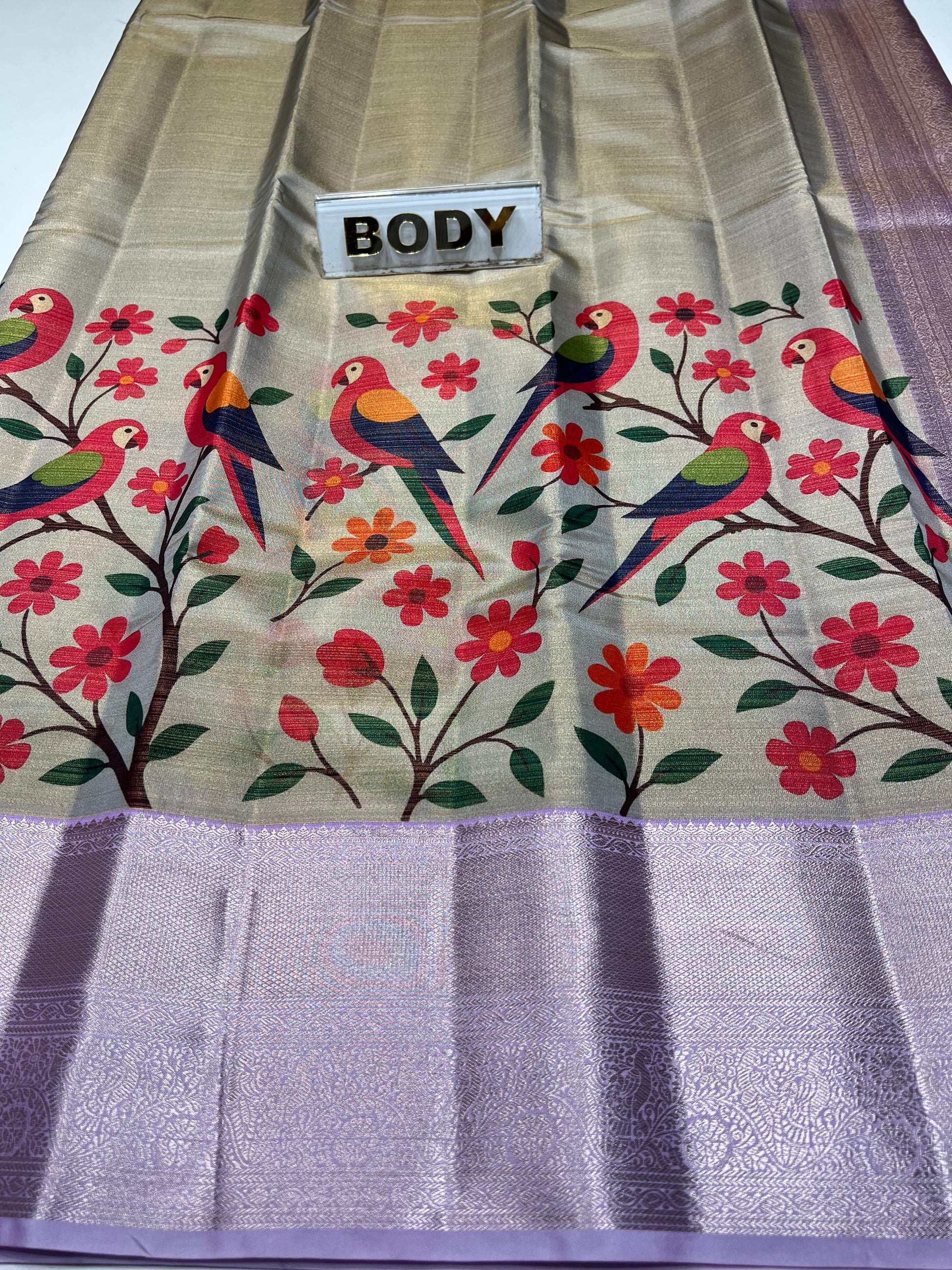 Saree with bird and floral pattern on a plain background
