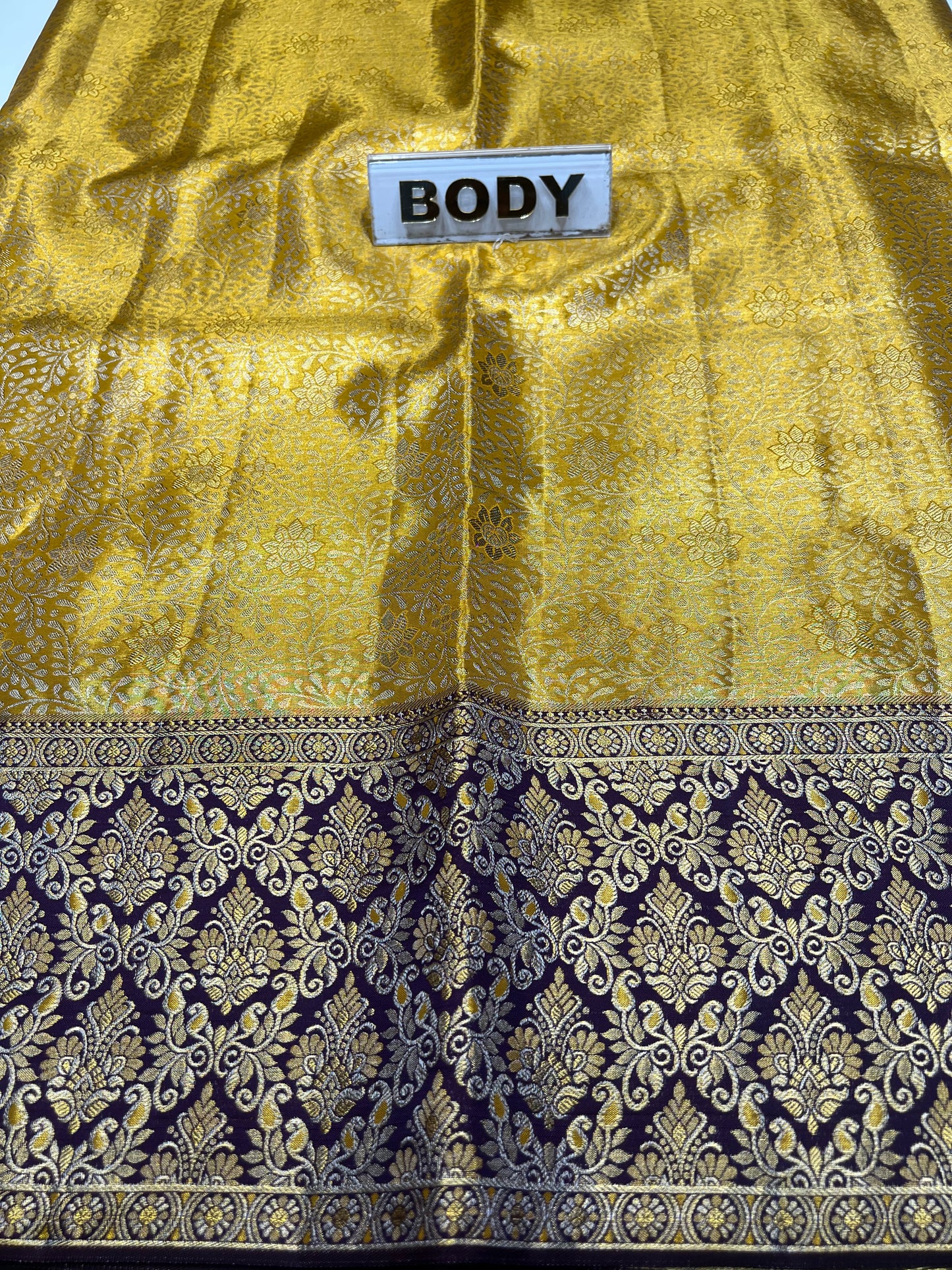 Gold fabric with a black and gold patterned border, labeled 'BODY'.