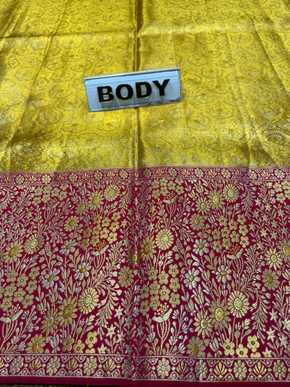 Two fabric samples, one yellow and one maroon with floral patterns, labeled 'BODY' and 'SASH'.