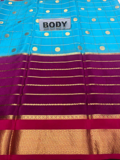 Blue and purple saree with gold accents and a 'BODY' label.