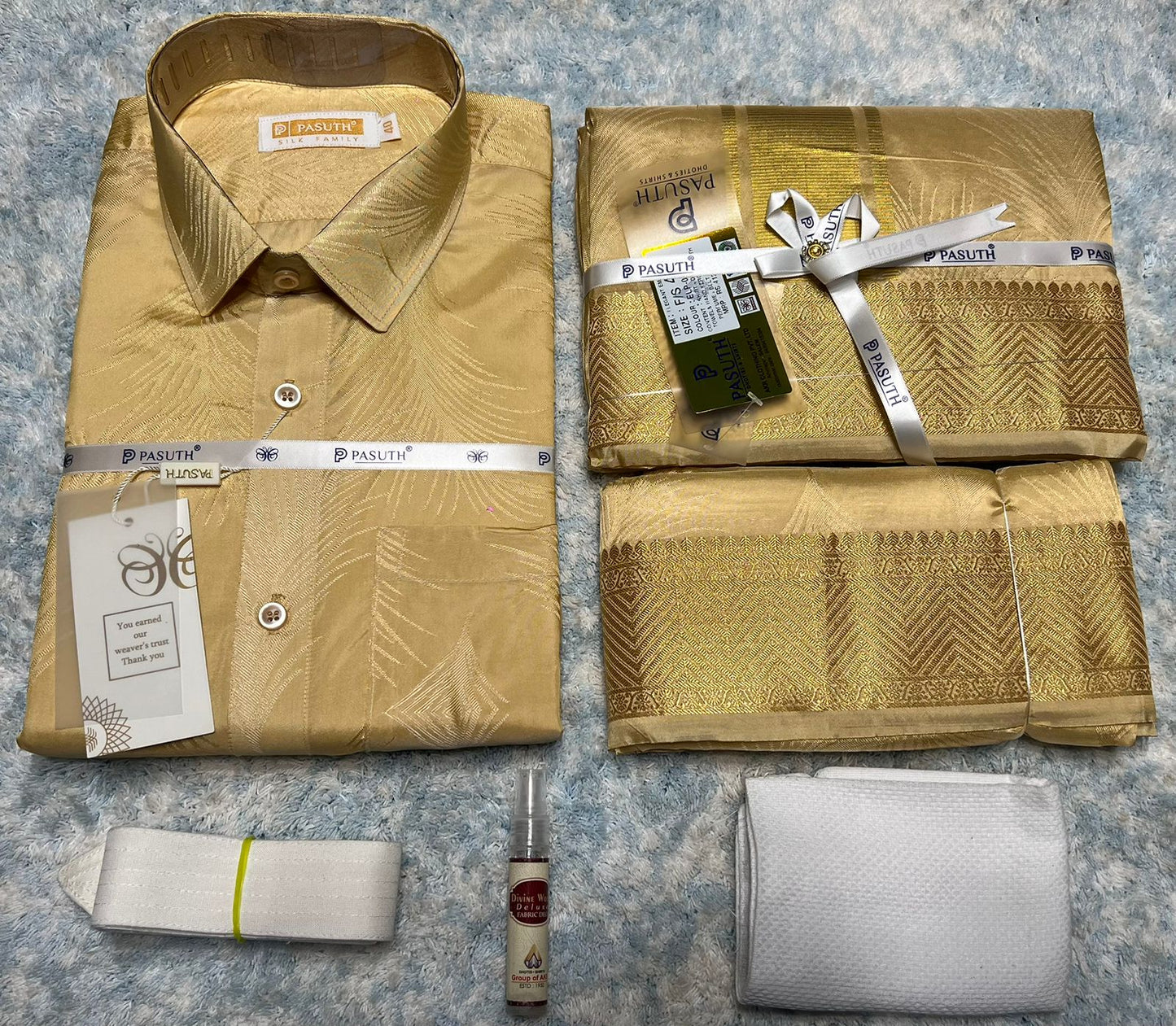 Semi Silk Dothi Embose Set - Shirt,Dothi,Kerchief & Belt- 3 In 1 Set