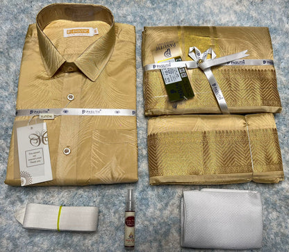 Semi Silk Dothi Embose Set - Shirt,Dothi,Kerchief & Belt- 3 In 1 Set