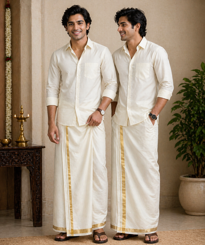 Pure Cotton Dothi Set - Shirt,Dothi,Kerchief & Belt- 3 In 1 Set