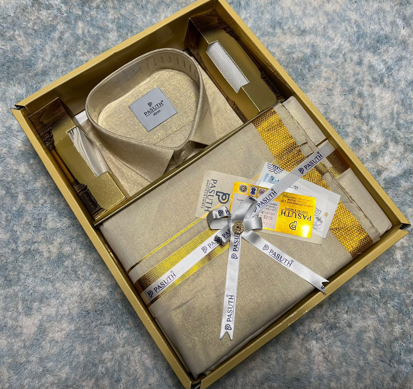 Tissue Silk Dothi Set - Shirt,Dothi,Kerchief & Belt- 3 In 1 Set