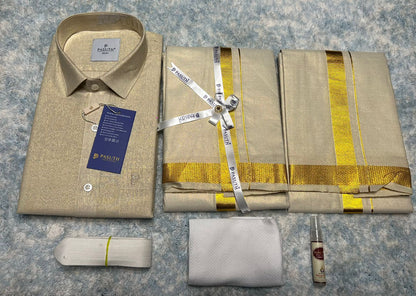 Tissue Silk Dothi Set - Shirt,Dothi,Kerchief & Belt- 3 In 1 Set