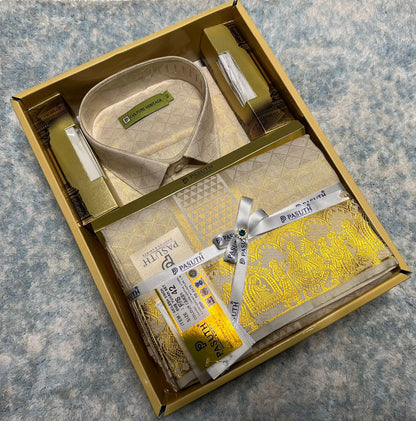 Tissue Embose Dothi Set - Shirt,Dothi,Kerchief & Belt- 3 In 1 Set