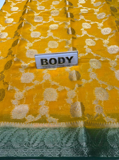 Yellow fabric with floral pattern and a label labeled 'BODY' on a green border.