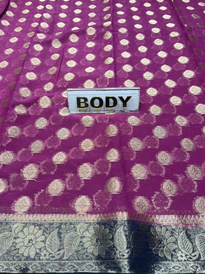 Purple fabric with white floral patterns and a label labeled 'BODY'.