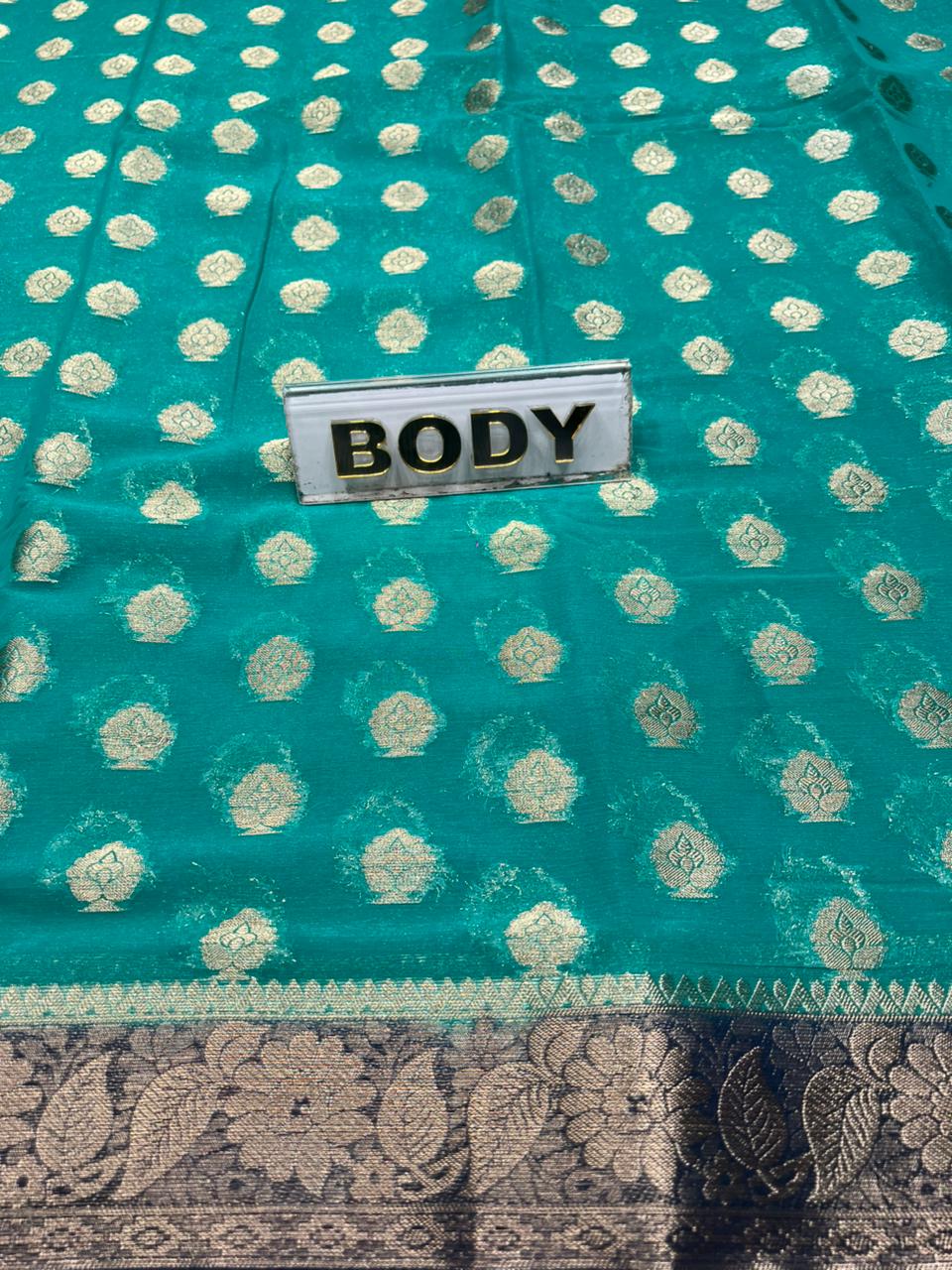 Teal fabric with gold patterns and a label labeled 'BODY' on a green background