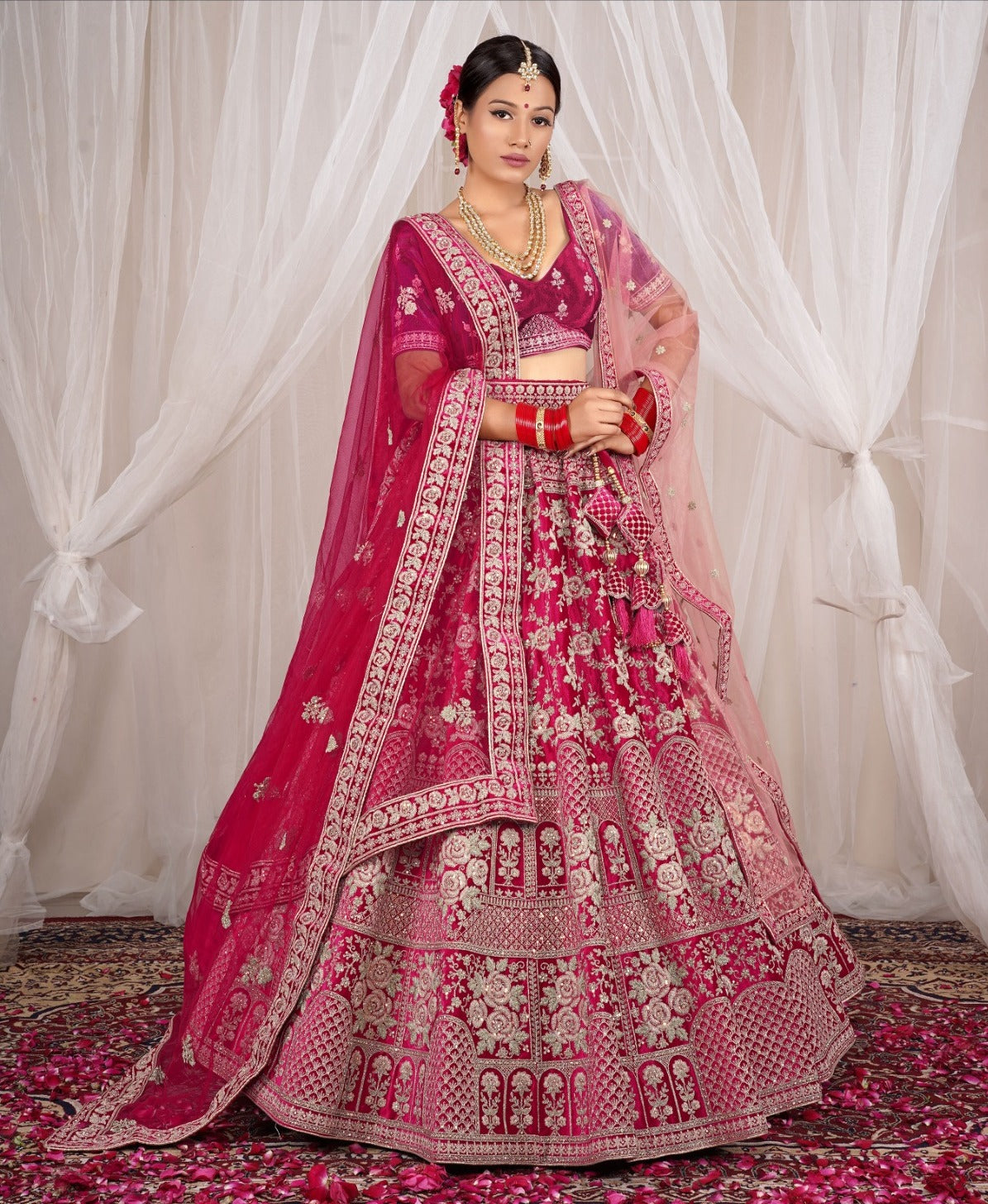 New Semi Stitiched Velvet Bridal Lehenga Choli Pink