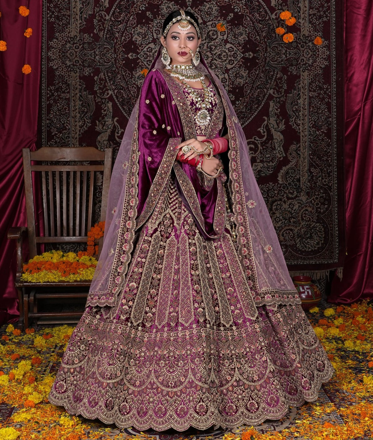 New Semi Stitiched Velvet Bridal Lehenga Choli