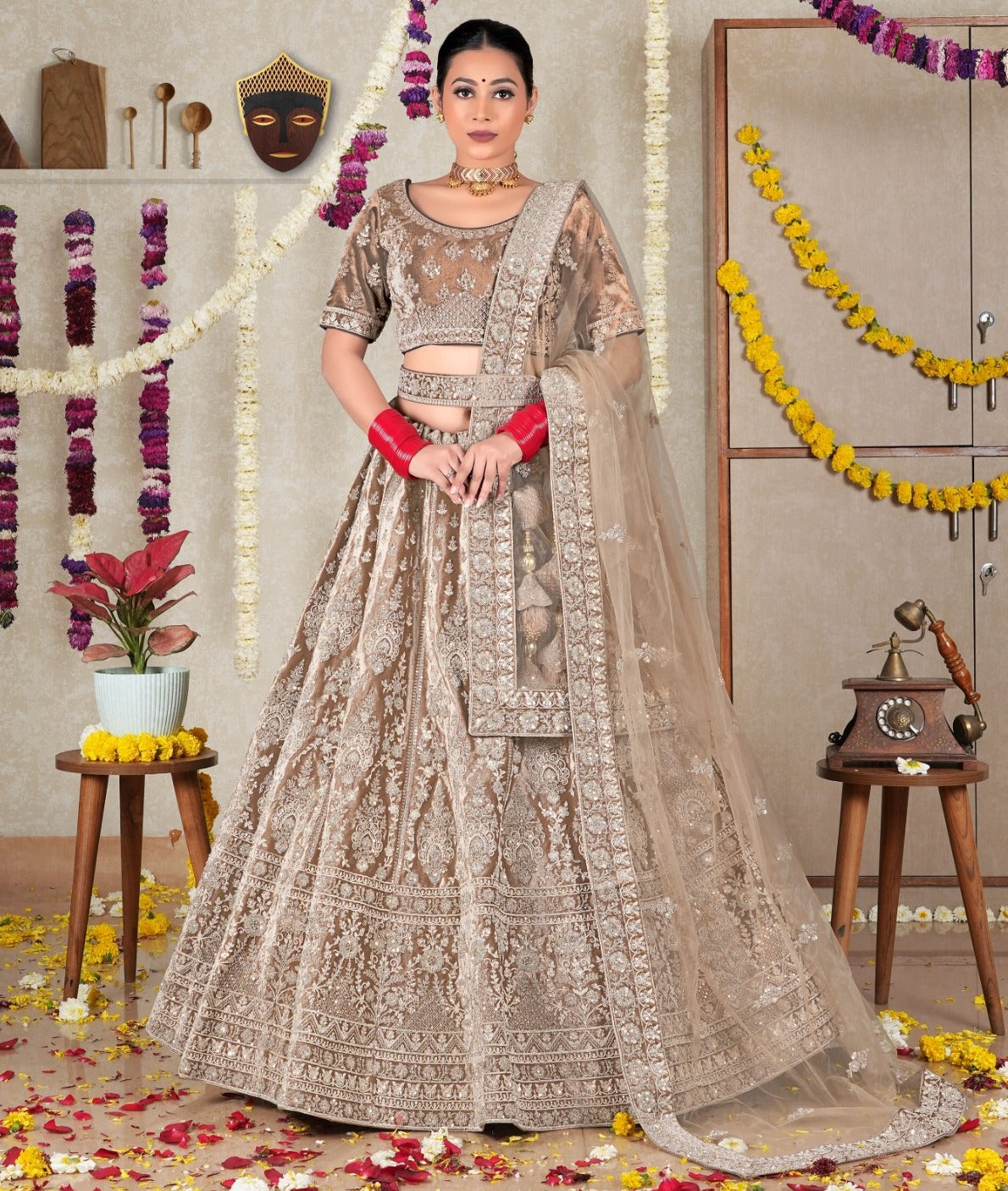 New Semi Stitiched Velvet Bridal Lehenga Choli