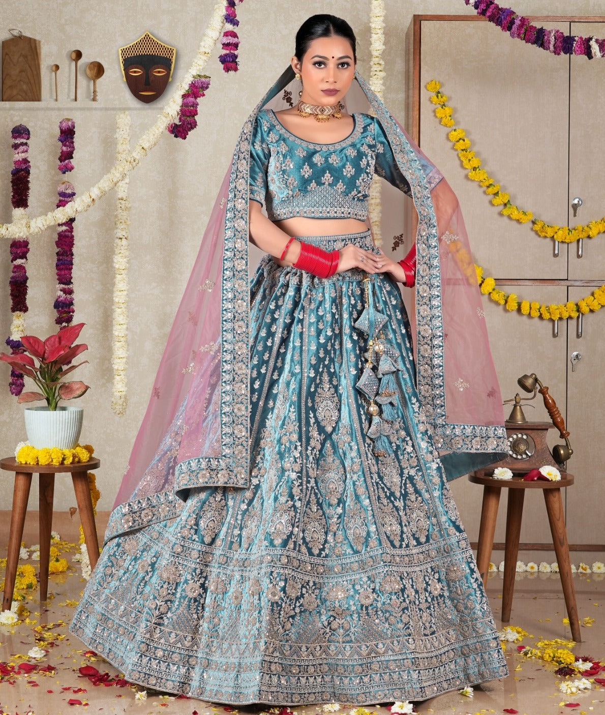 New Semi Stitiched Velvet Bridal Lehenga Choli