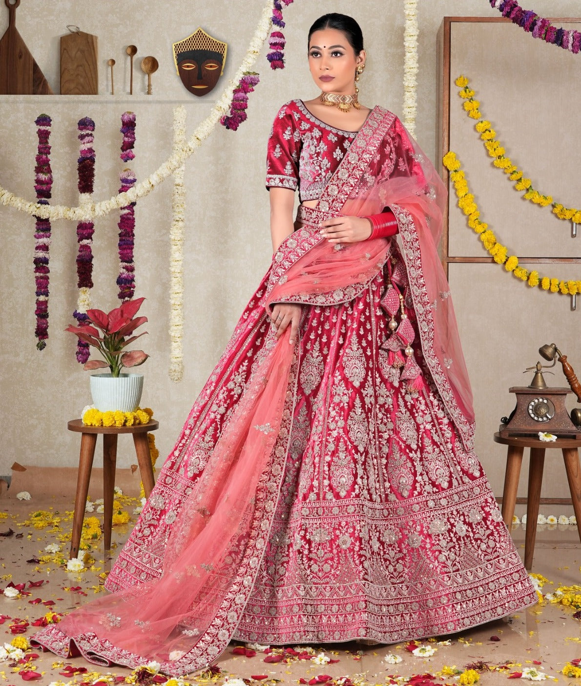 New Semi Stitiched Velvet Bridal Lehenga Choli