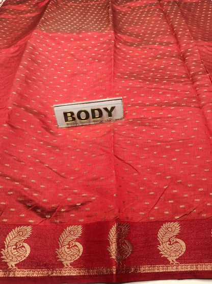 Red fabric with gold patterns and a 'BODY' label.