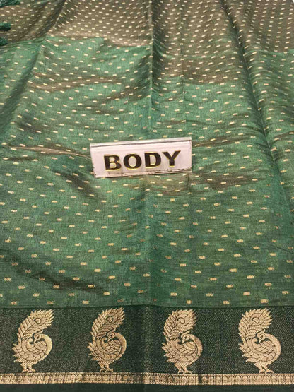 Green fabric with gold patterns and a label reading 'BODY'.
