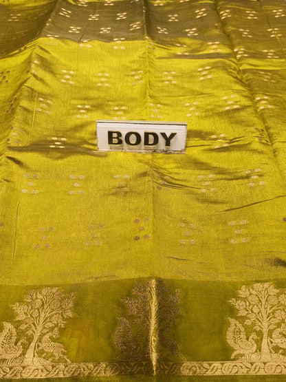 Close-up of a green fabric with a 'BODY' label and intricate patterns.