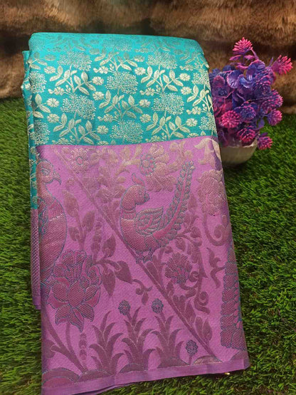 Two fabric samples, one turquoise and one purple with floral patterns, on a grassy background.
