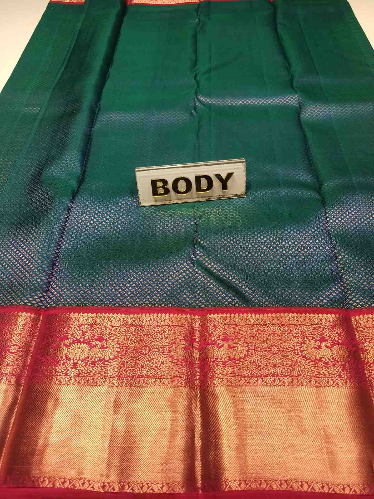 Green fabric with a 'BODY' label and red border