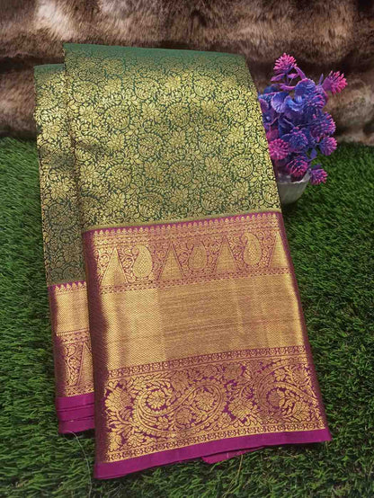 Green and gold saree with purple border on grass