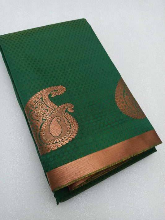 Green , Brocad Copper Zary, Art Silk Handwoven Wedding Festival Heavy Border Saree
