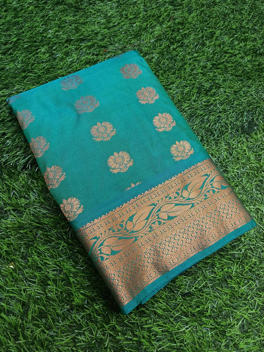 Green Brocad Copper Zary, Art Silk Handwoven Wedding Festival Heavy Border Saree